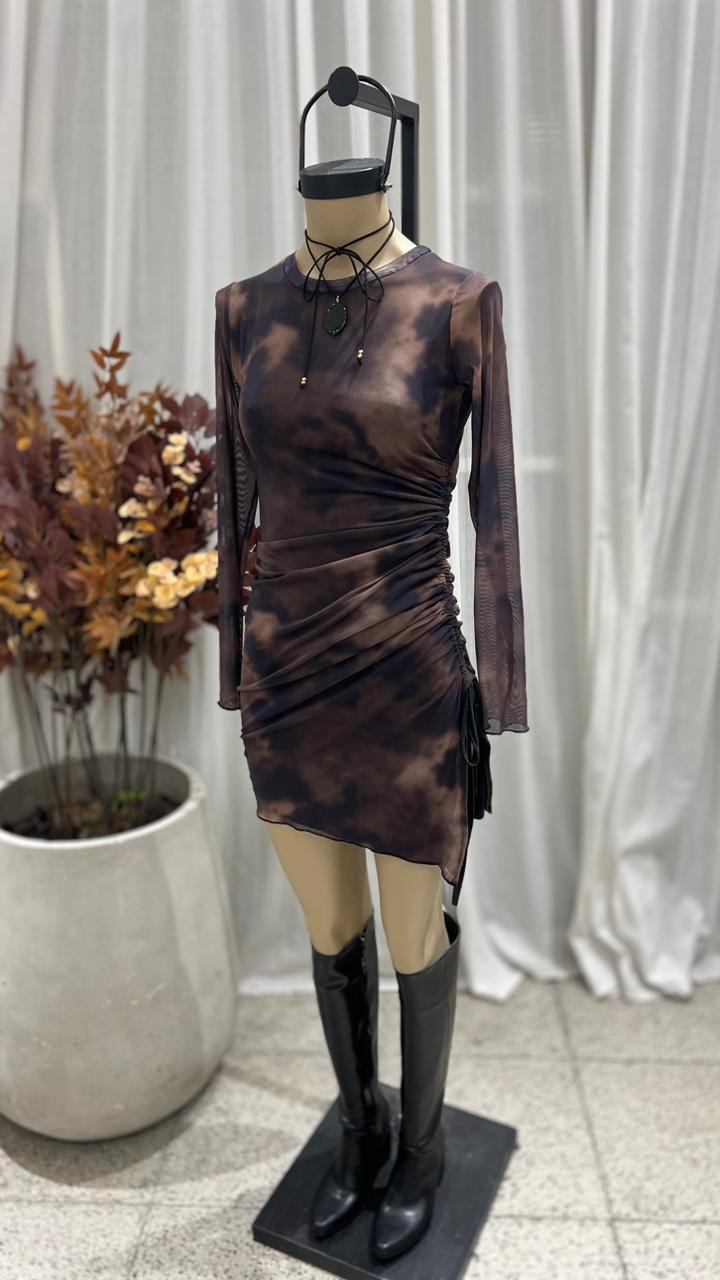V45 - VESTIDO M/L FRUNCE IRREGULAR - MICROTUL SUBLIMADO
