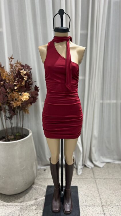 V64 - VESTIDO UN HOMBRO LAZO FRUNCE – MODAL GAMUZADO - Imagen 3