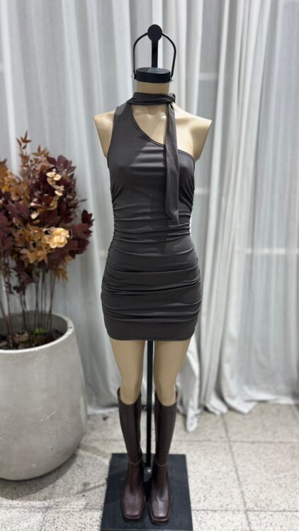 V64 - VESTIDO UN HOMBRO LAZO FRUNCE – MODAL GAMUZADO - Imagen 2
