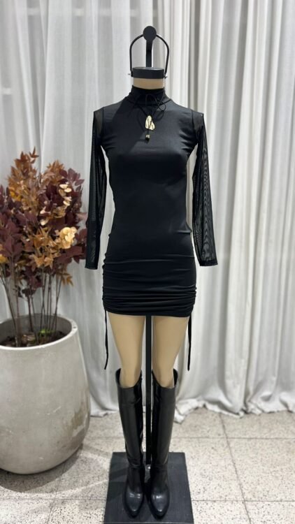 V68 - VESTIDO POLERA SIN ESPALDA FRUNCE MANGA TUL - MODAL GAMUZADO