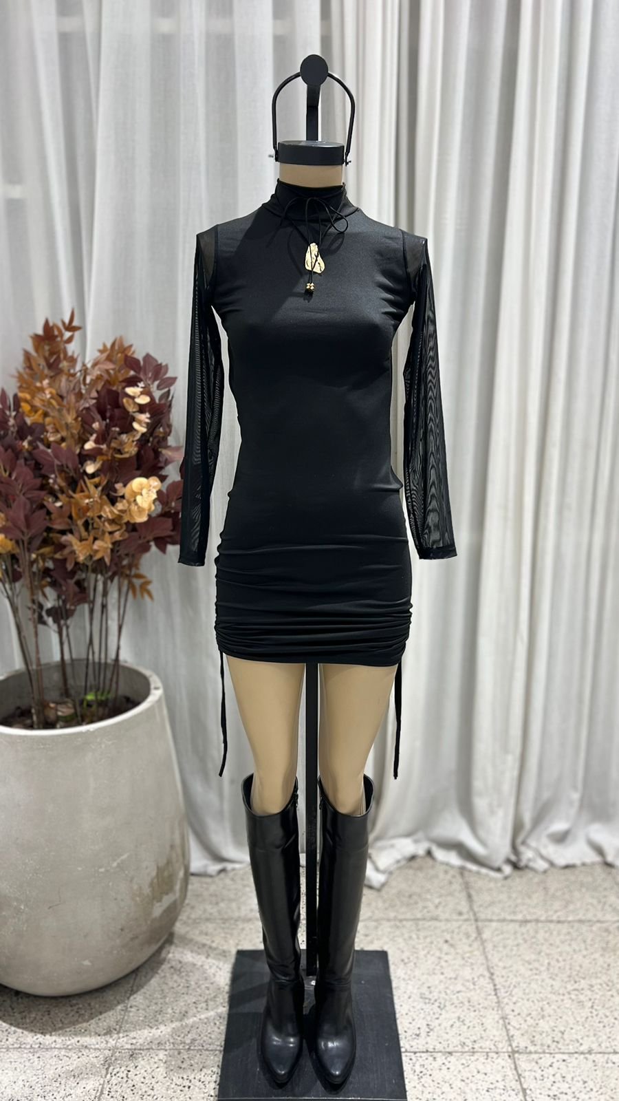 V68 - VESTIDO POLERA SIN ESPALDA FRUNCE MANGA TUL - MODAL GAMUZADO