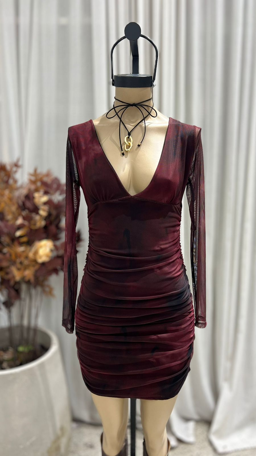 V70 - VESTIDO M/L ESCOTE V FRUNCE - MICROTUL SUBLIMADO