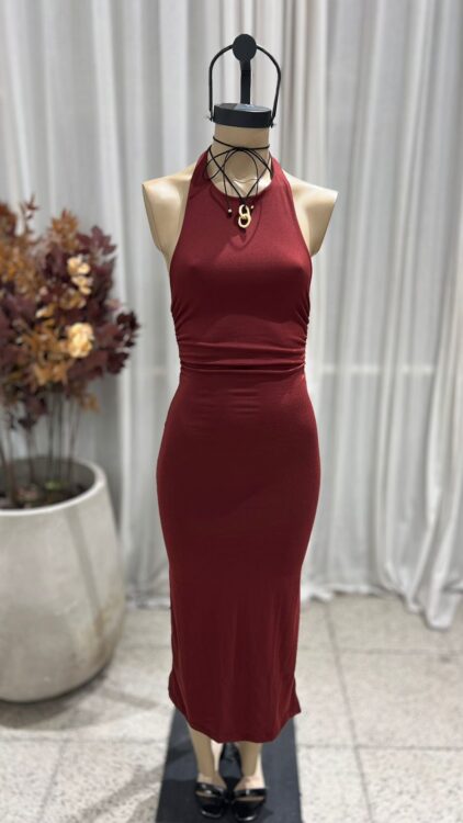 V84 - MAXIVESTIDO HALTER FRUNCE - MODAL GAMUZADO - Imagen 3