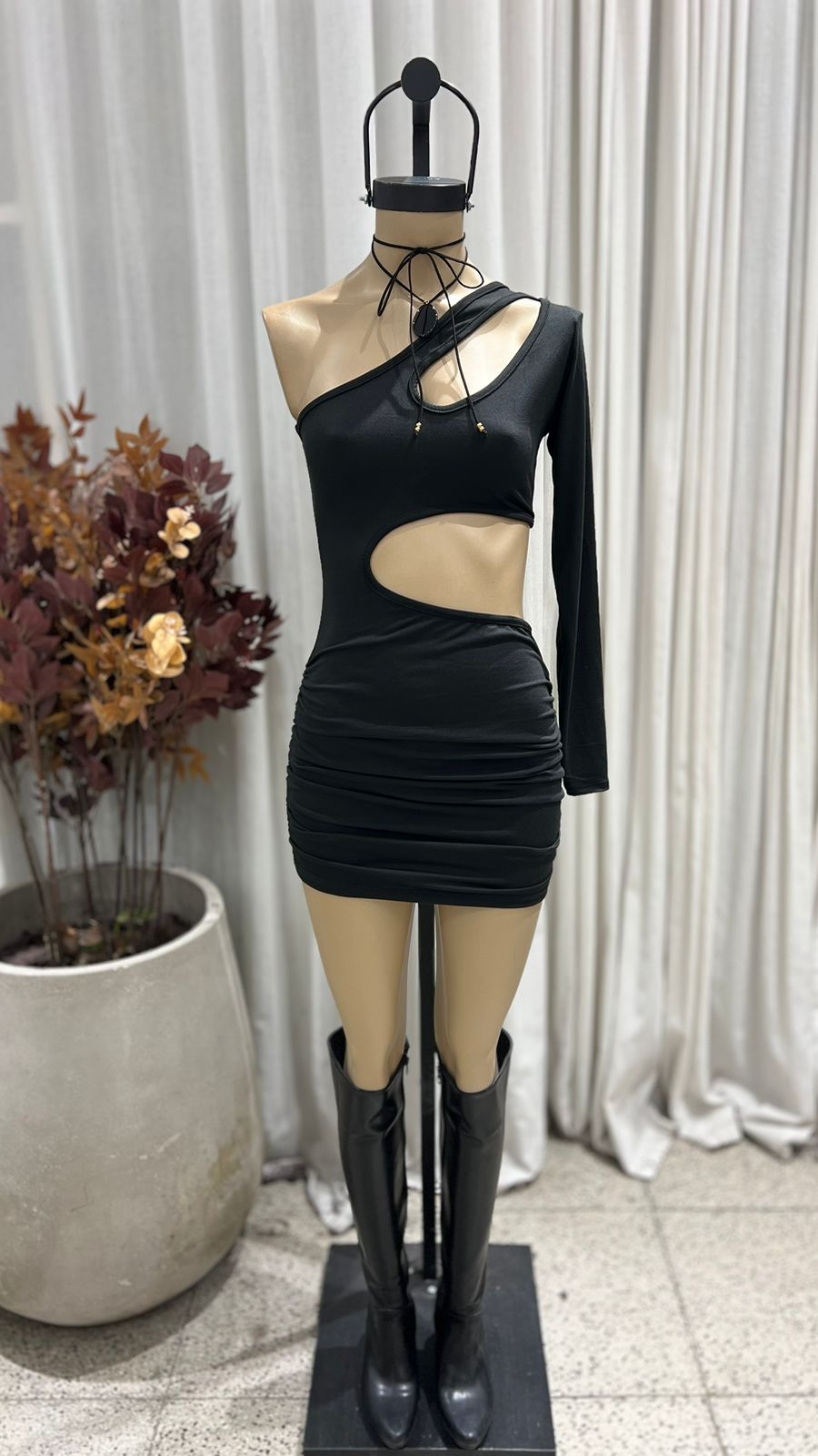 V87 - VESTIDO UNA MANGA GOTA RECORTE CINTURA - MODAL GAMUZADO