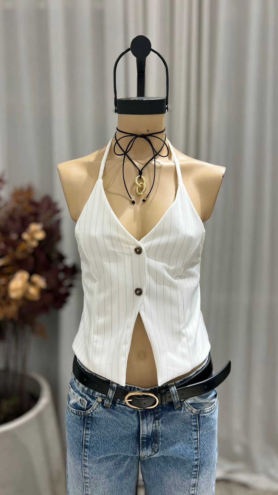 T257 - TOP TIRA DOBLE BOTON - CREP RAYADO