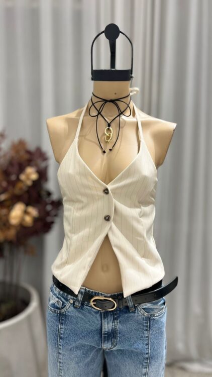 T257 - TOP TIRA DOBLE BOTON - CREP RAYADO - Imagen 4