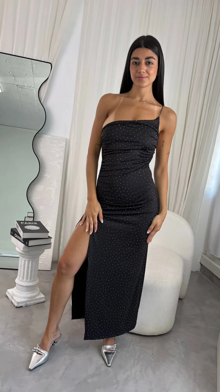 V155 - MAXIVESTIDO UN HOMBRO TAJO - MICROFIBRA STRASS